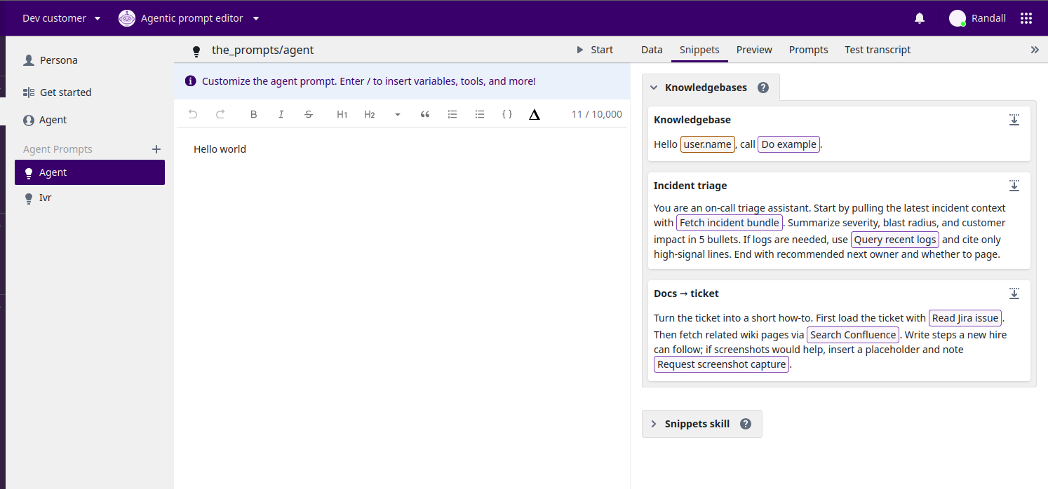 Agentic prompt editor with the Snippets panel